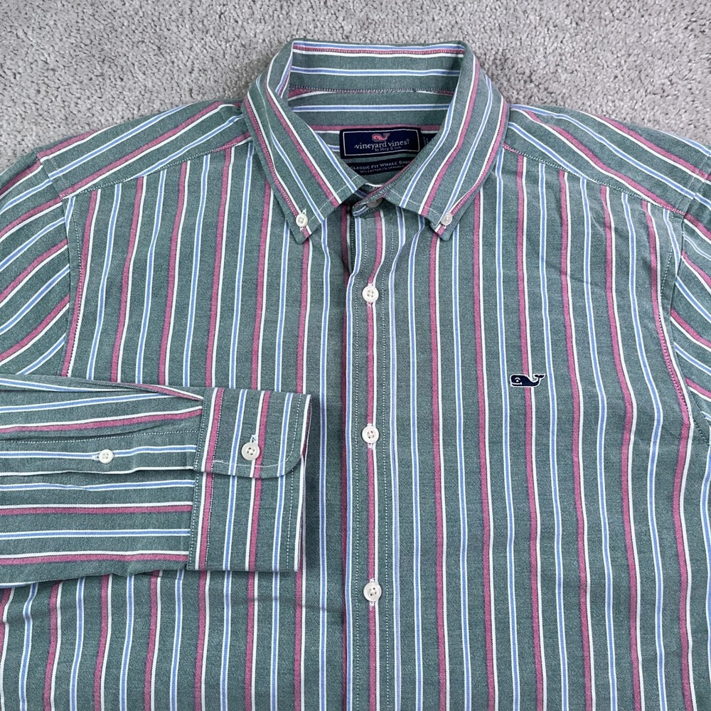 Vineyard Vines Shirt Mens Medium Green Striped Classic Fit Whale Oxford OCBD